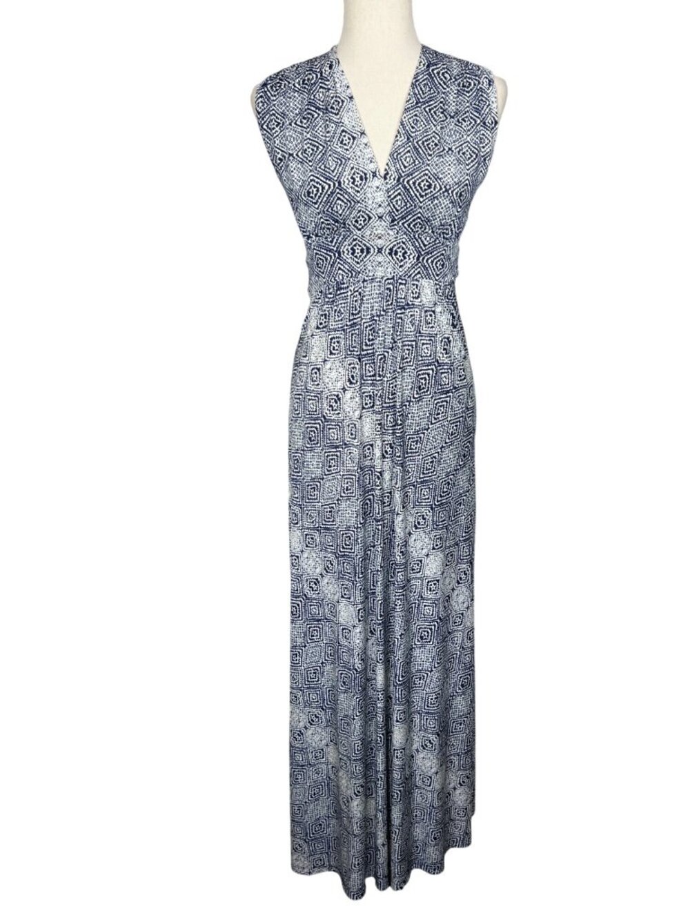 VERONICA M Plunging V-neck Maxi Dress Blue White Sz S EUC